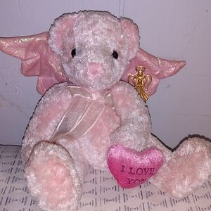 Vintage 2001 Commonwealth 7" Pink Angel Plush Bear w/ Metallic Wings & Angel Pin